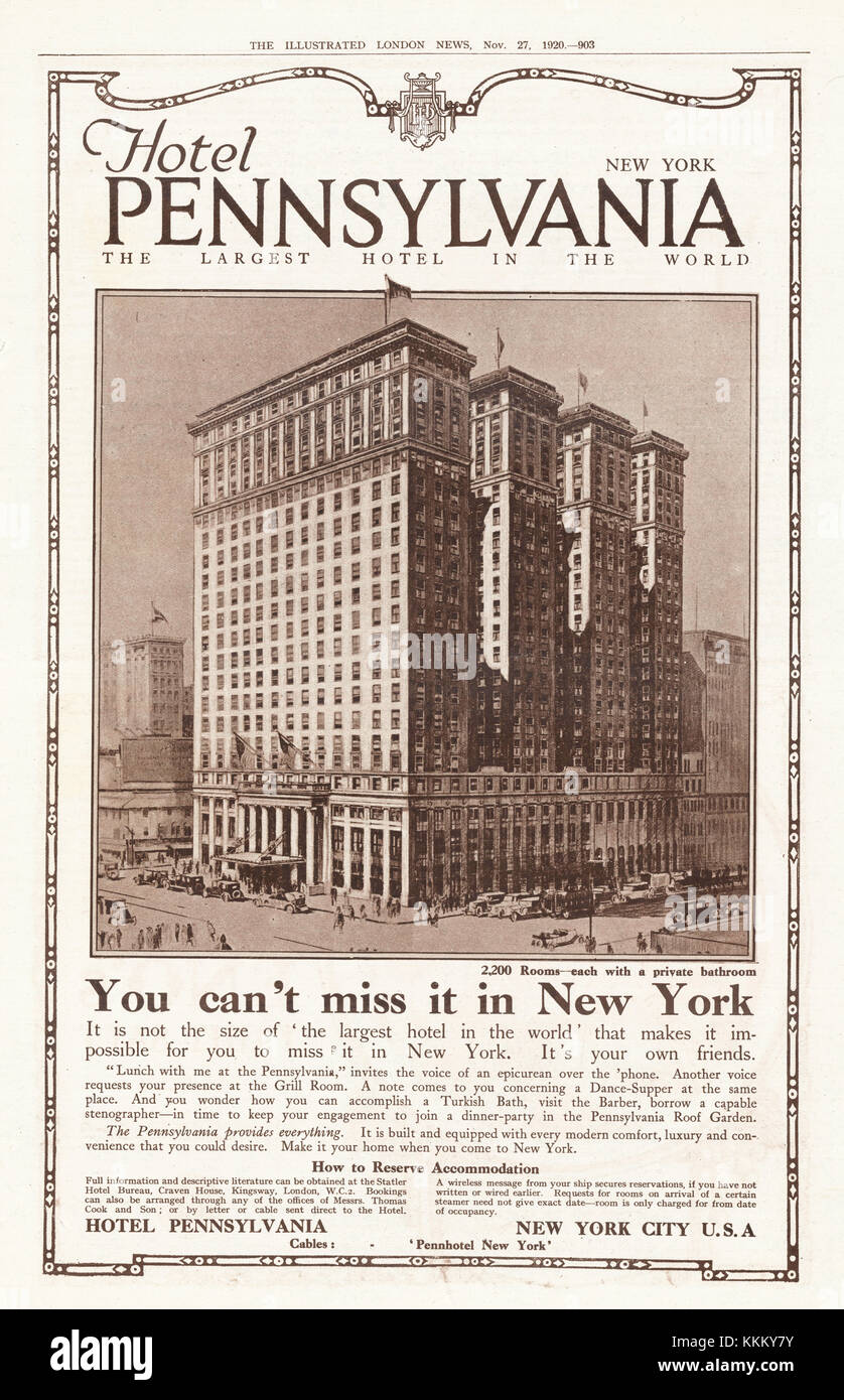 1920 La revista británica Hotel Pennsylvania, Nueva York anuncio Foto de stock
