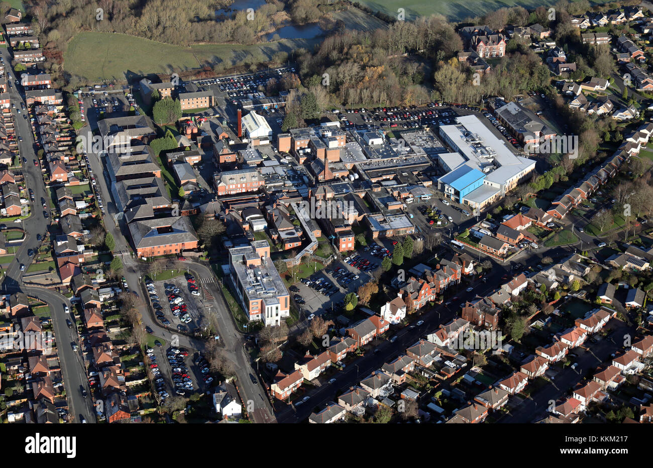 Vista aérea de Leigh, enfermería, Hospital del NHS, Lancashire, UK Foto de stock