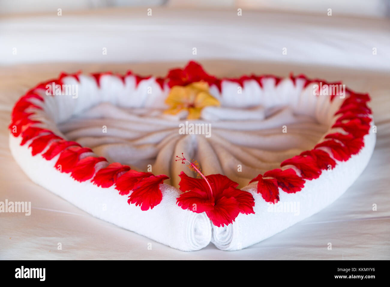Contratista por favor no lo hagas Proponer Toalla forma un bonito corazón rojo decorado con flores en una habitación  Luxury Resort en Maldivas. El corazón se encuentra en el centro de la cama,  el piso es de madera Fotografía