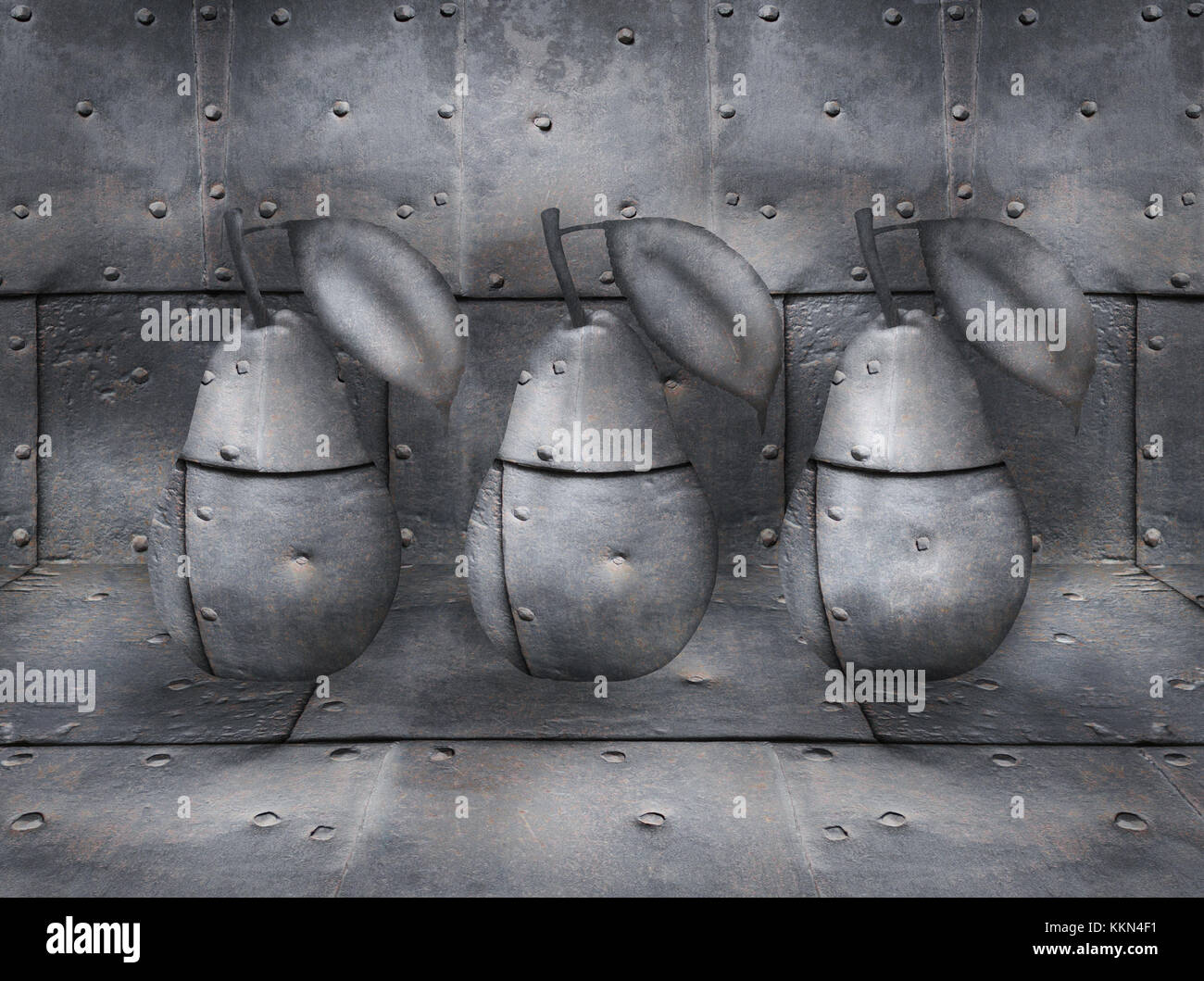 Tres peras con tornillos de metal con un background de parqué y siempre en el mismo material Foto de stock