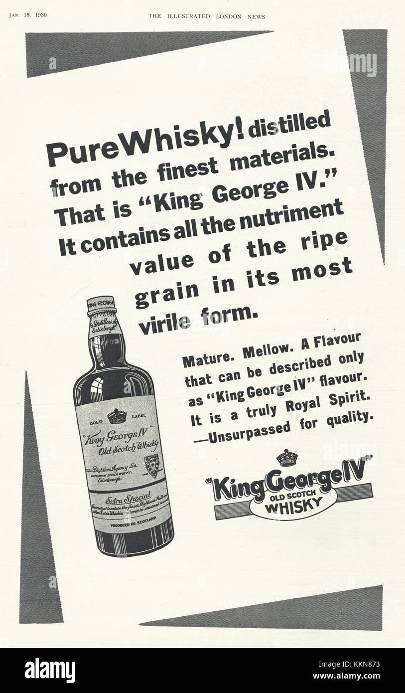 1930 La revista británica rey George IV Whisky Ad Foto de stock