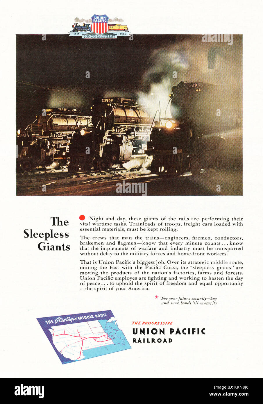 1943 Revista estadounidense Union Pacific Railroads anuncio Foto de stock