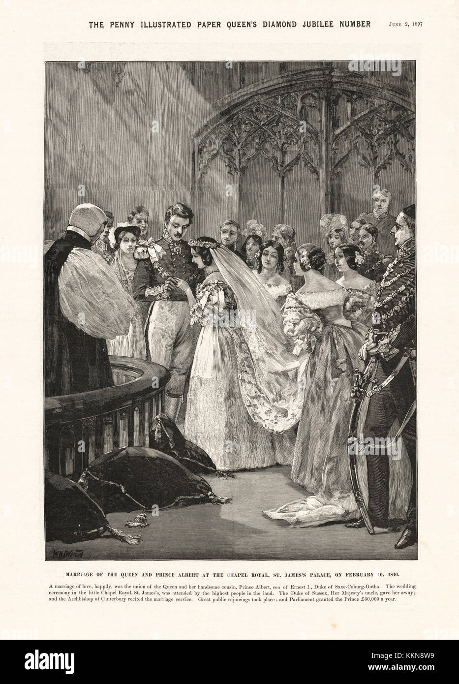 1897 Penny ilustra el papel de la Reina Victoria de matrimonio con el Príncipe Albert Foto de stock
