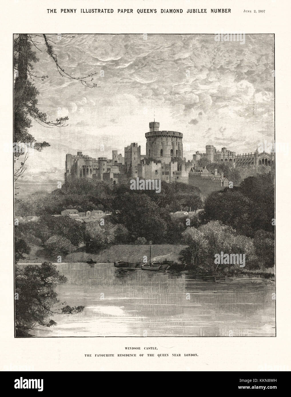 1897 Penny ilustra el papel de Castillo de Windsor, residencia favorita de la Reina Victoria Foto de stock