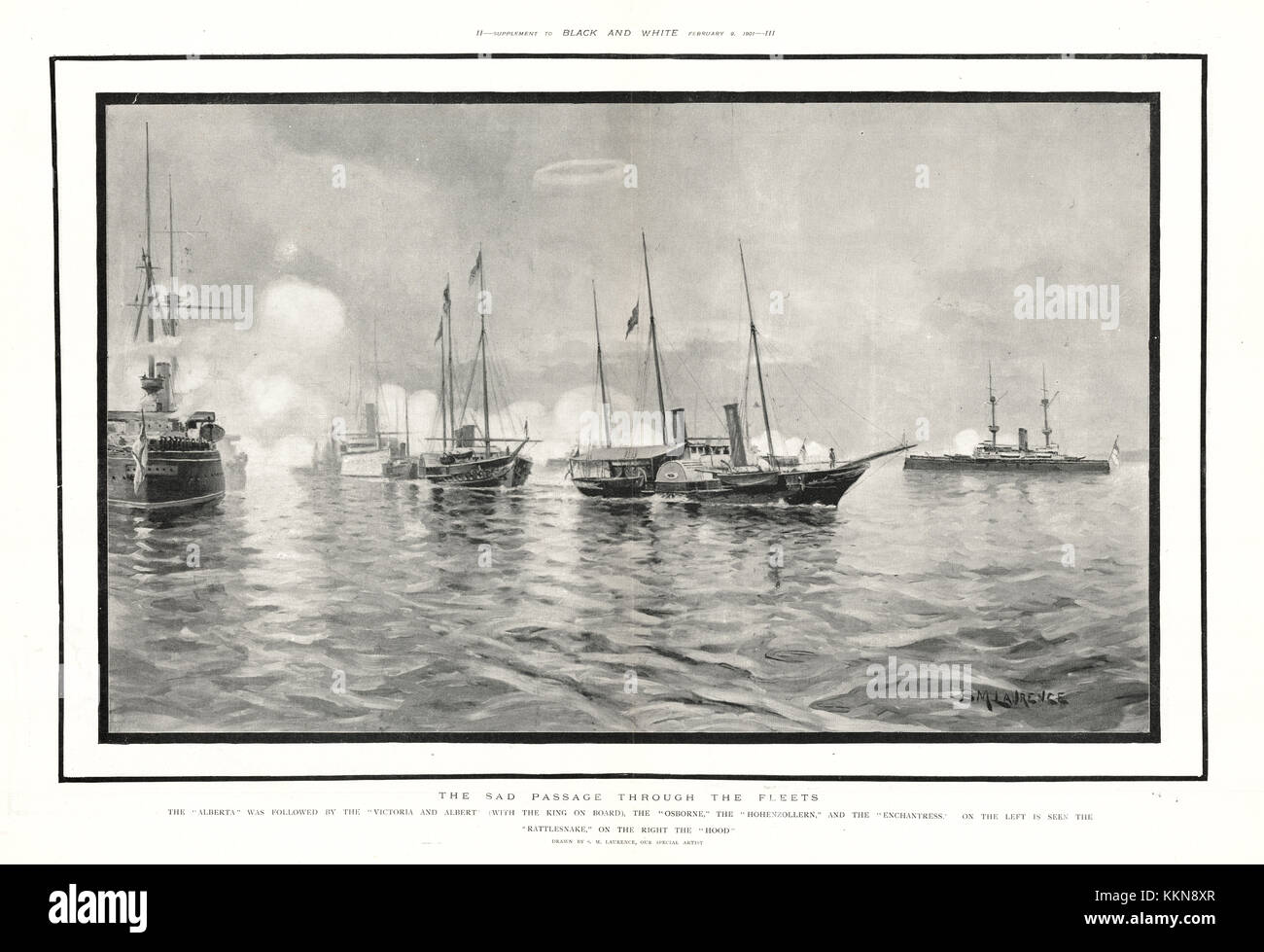 1901 Black & White Royal Yacht Alberta en Portsmouth Harbour llevando el cuerpo de la Reina Victoria Foto de stock