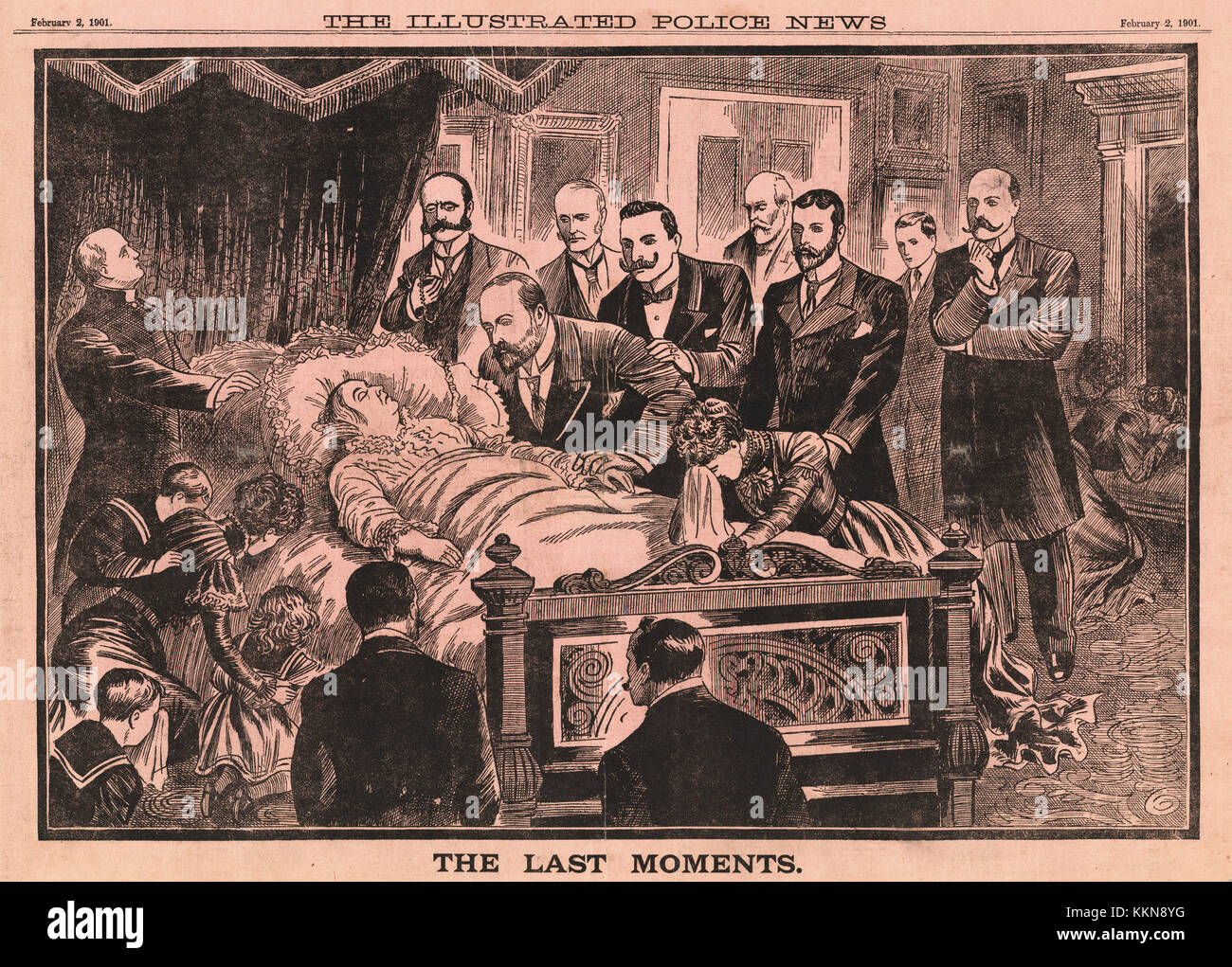 1901 ilustra las noticias policiales de la Reina Victoria en su lecho de muerte Foto de stock