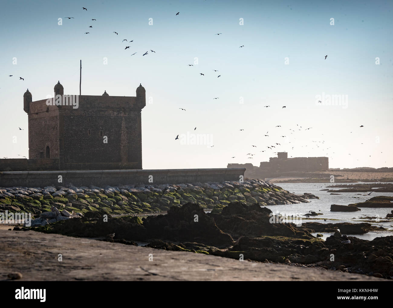 Essaouria, Marruecos - 2017 de septiembre: Muralla medieval que rodea el puerto - temprano en la mañana Foto de stock