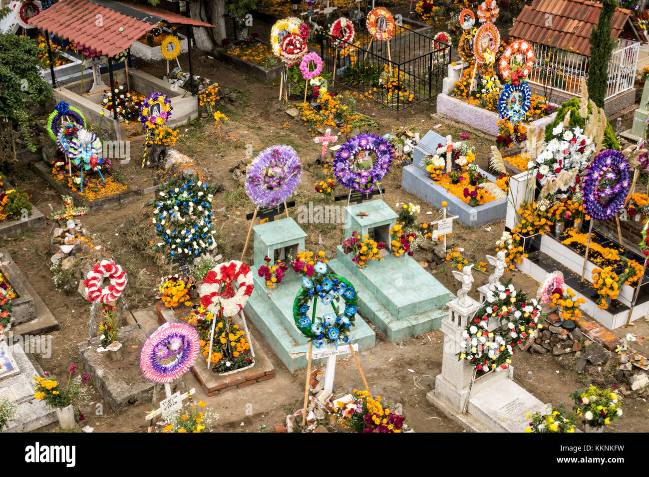 Cientos de tumbas de las laderas decoradas con flores y coronas para el