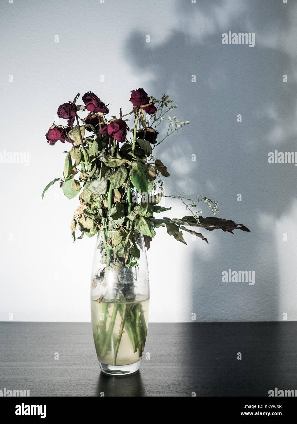 Ramo de flores marchitas en un jarrón de cristal Foto de stock