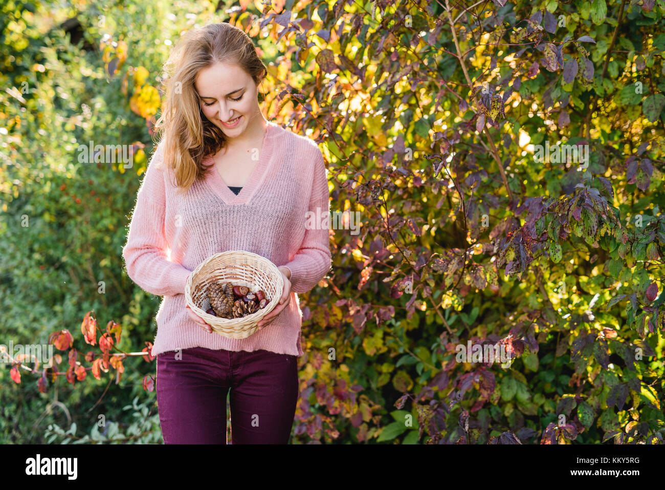 Jardín, mujer joven con cesta recolectando materiales naturales, Foto de stock