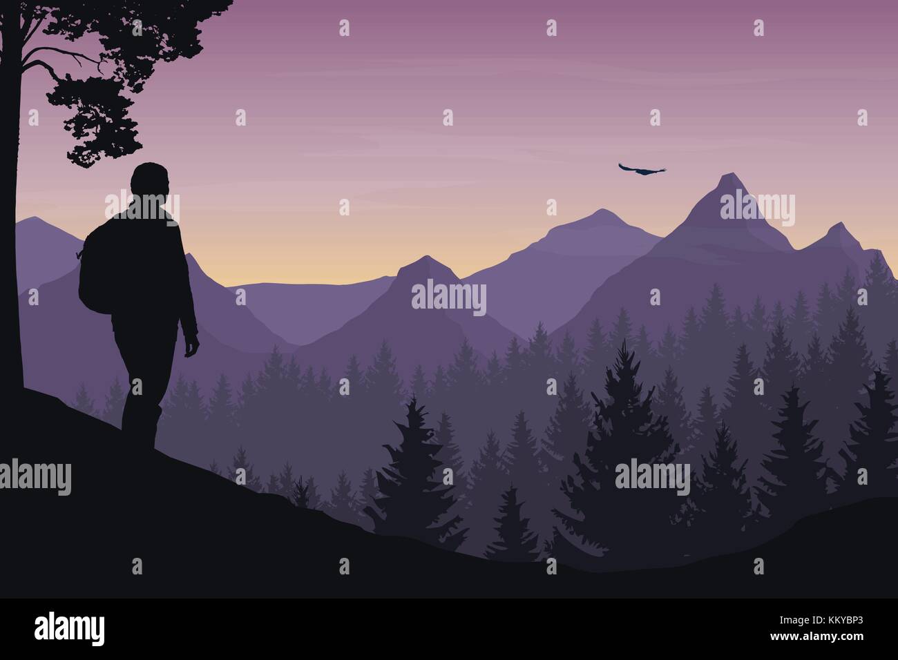 Un turista caminando a través de un paisaje de montaña con un bosque y ve un pájaro volando bajo un cielo matutino con un amanecer - vector Ilustración del Vector