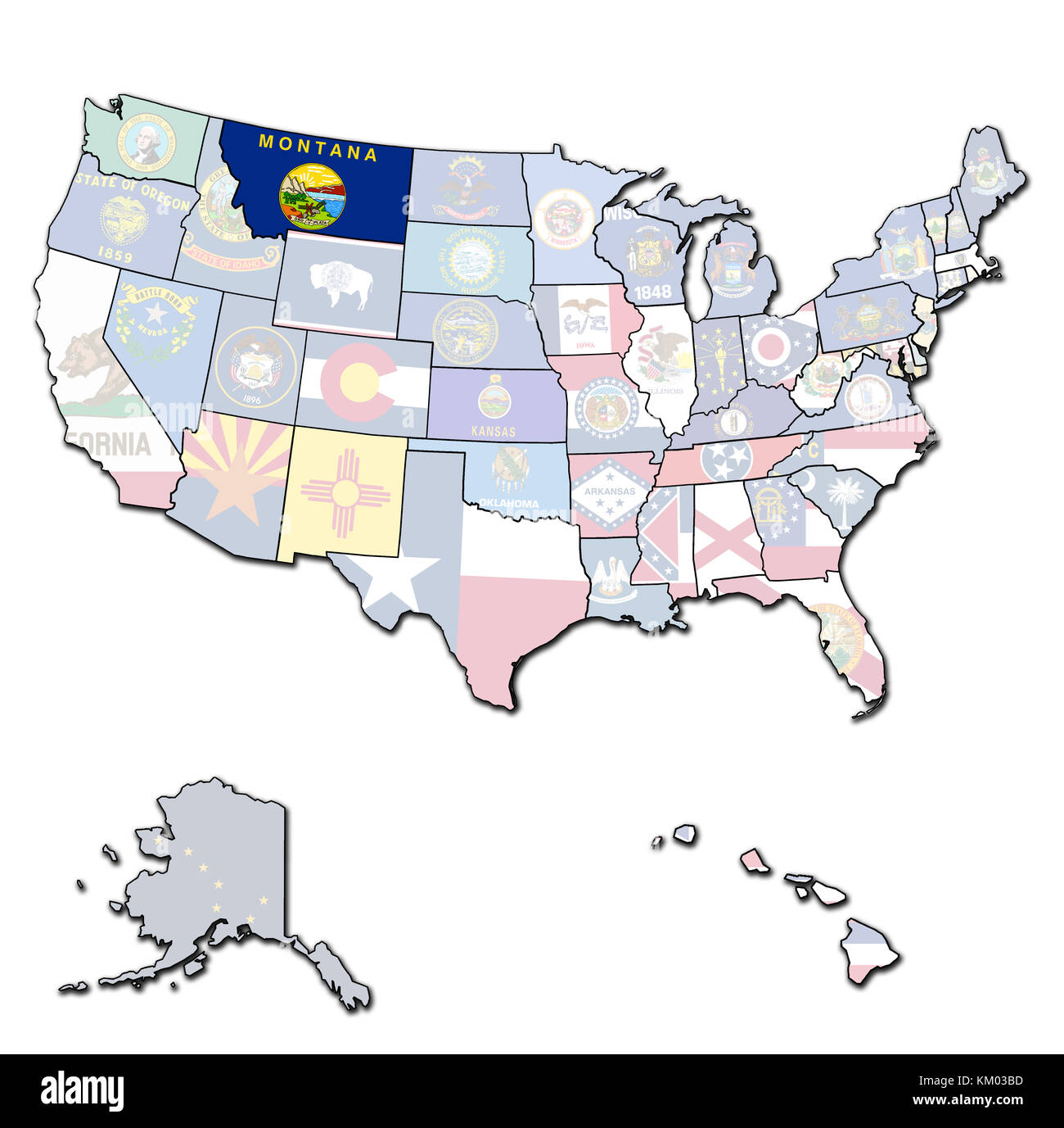 En aisladas de montana mapa de Estados Unidos de América con las fronteras estatales Fotografía