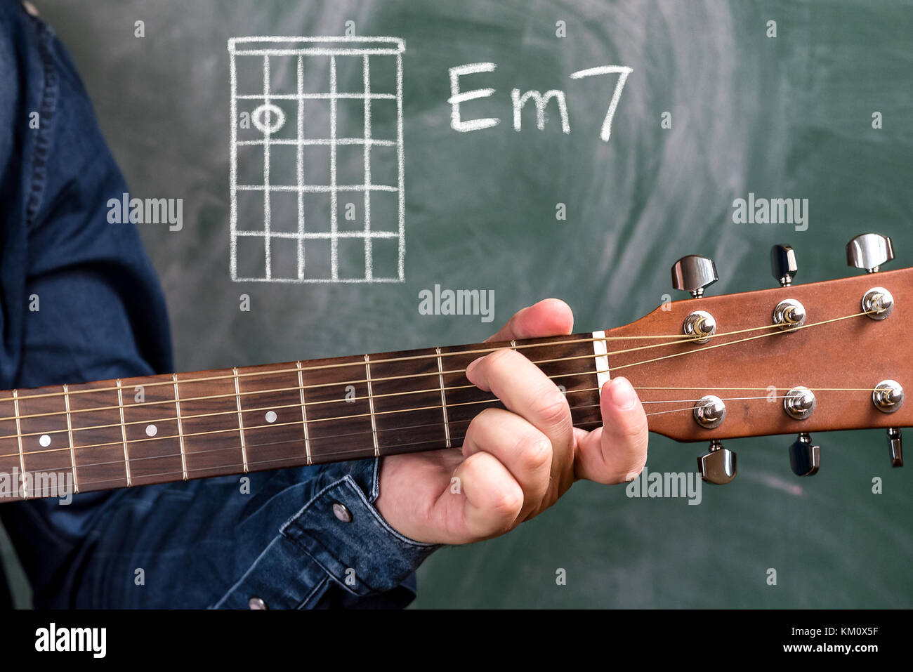 Hombre en una camisa azul denim tocando acordes de guitarra aparece en un  pizarrón, acorde em7 Fotografía de stock - Alamy