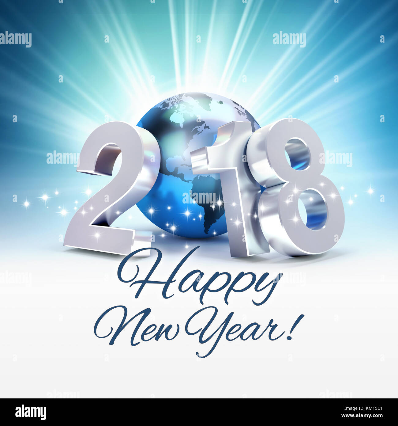 Saludos y fecha de Año Nuevo 2018 compuesto con un planeta azul, sobre un fondo azul brillante - Ilustración 3D Foto de stock
