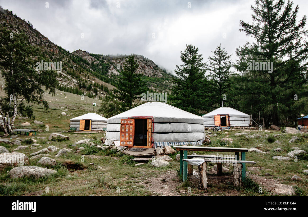 Un campamento de alemania en el parque natural de Gorkhi-Terelj Foto de stock