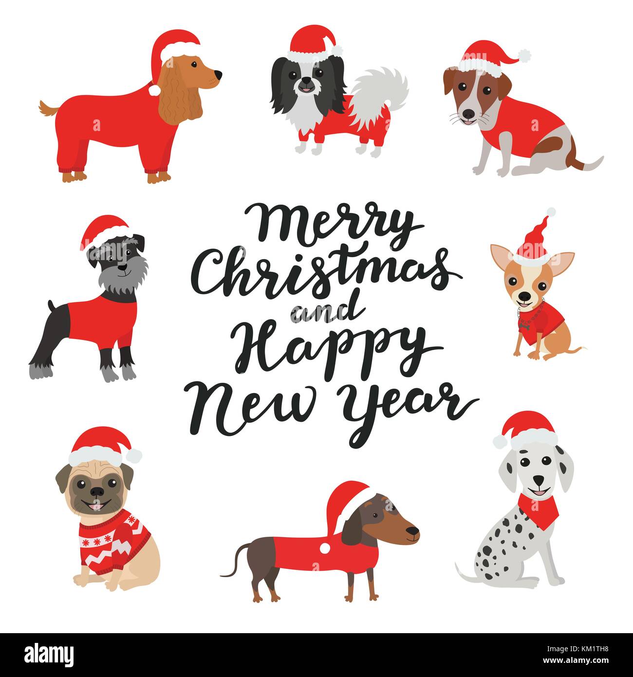 Tarjeta de felicitación. Feliz Navidad y feliz año nuevo. Perros en trajes  de Santa Claus Imagen Vector de stock - Alamy