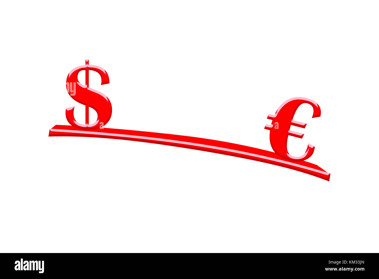 Rojo ilustrativa signo del dólar y el euro con finanzas concepto centrado en la comparación de los tipos de cambio y de equilibrio, aislado sobre fondo blanco. Foto de stock