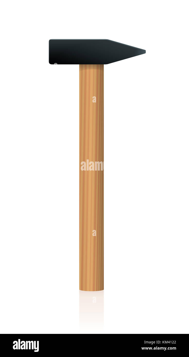 Hammer - vertical básico permanente herramienta de mano con mango de madera y cabeza de hierro negro - Ilustración sobre fondo blanco. Foto de stock