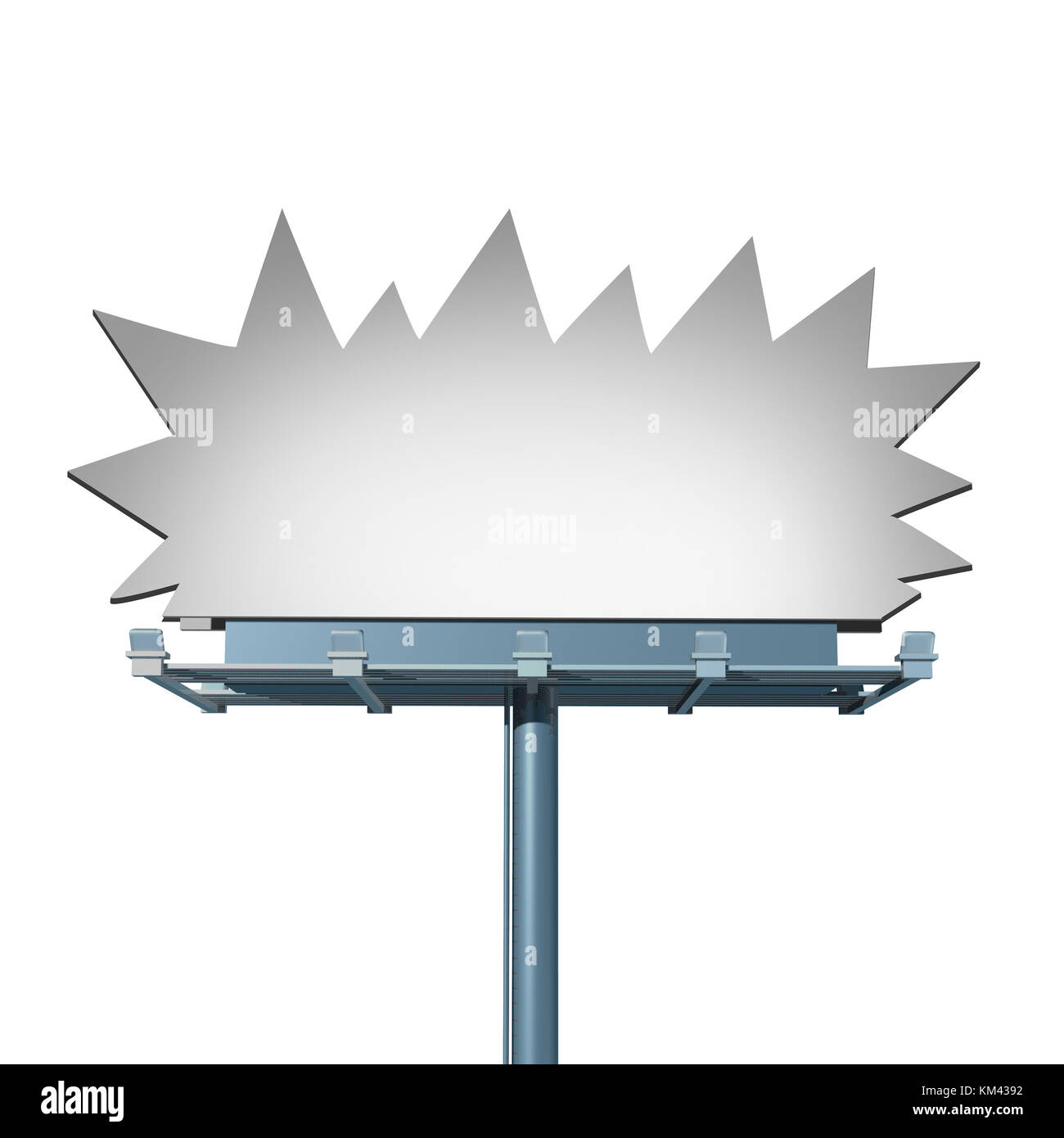 Billboard starburst en blanco como un signo de publicidad y mercadeo con promoción de área de texto de un mensaje como 3D Render. Foto de stock