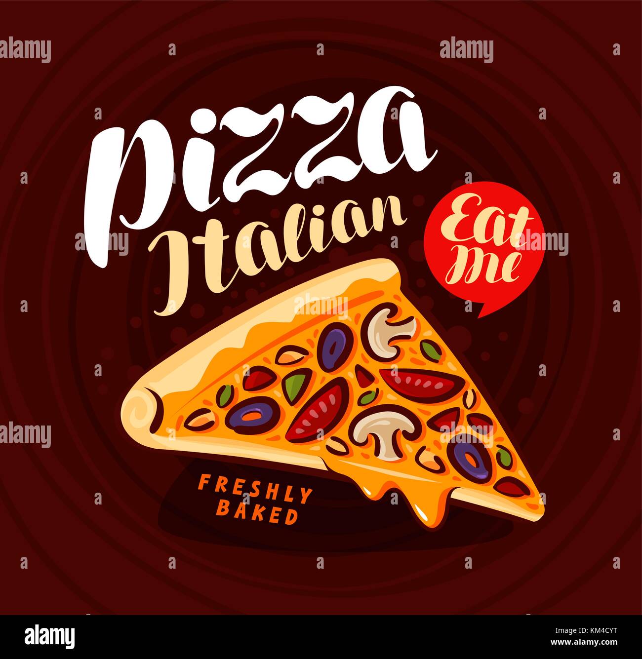 Pizza, pancarta de pizzería. Comida italiana, comida, concepto de alimentación. Ilustración vectorial de letras Ilustración del Vector