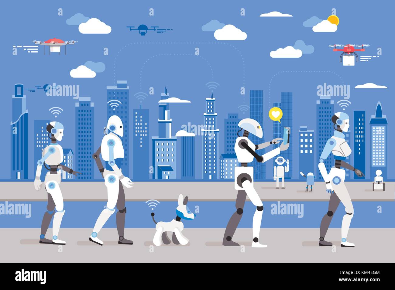 Android robots y un perro robot caminando en una ciudad futurista. Imagen futurista de un futuro cercano. Android robots vuelan en el cielo. Ilustración del Vector