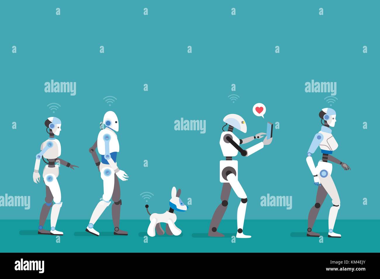 Android Robots caminando. Imagen futurista de un futuro cercano. Ilustración del Vector