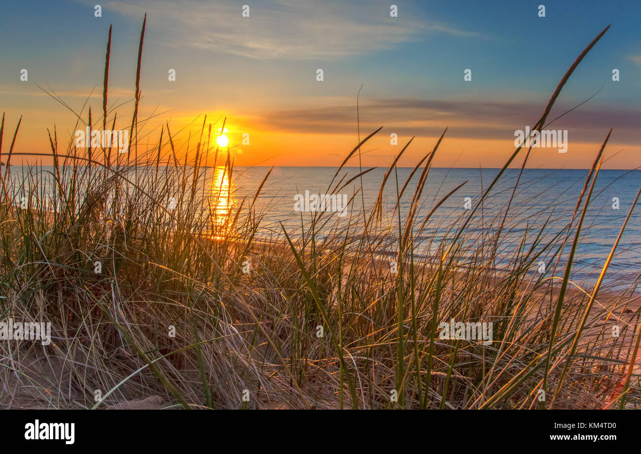 Playa sunrise. nuevo día amanece en la costa de los grandes lagos a lo largo de la costa del lago Huron en Michigan. port Austin State Park, port austin, Michigan. Foto de stock