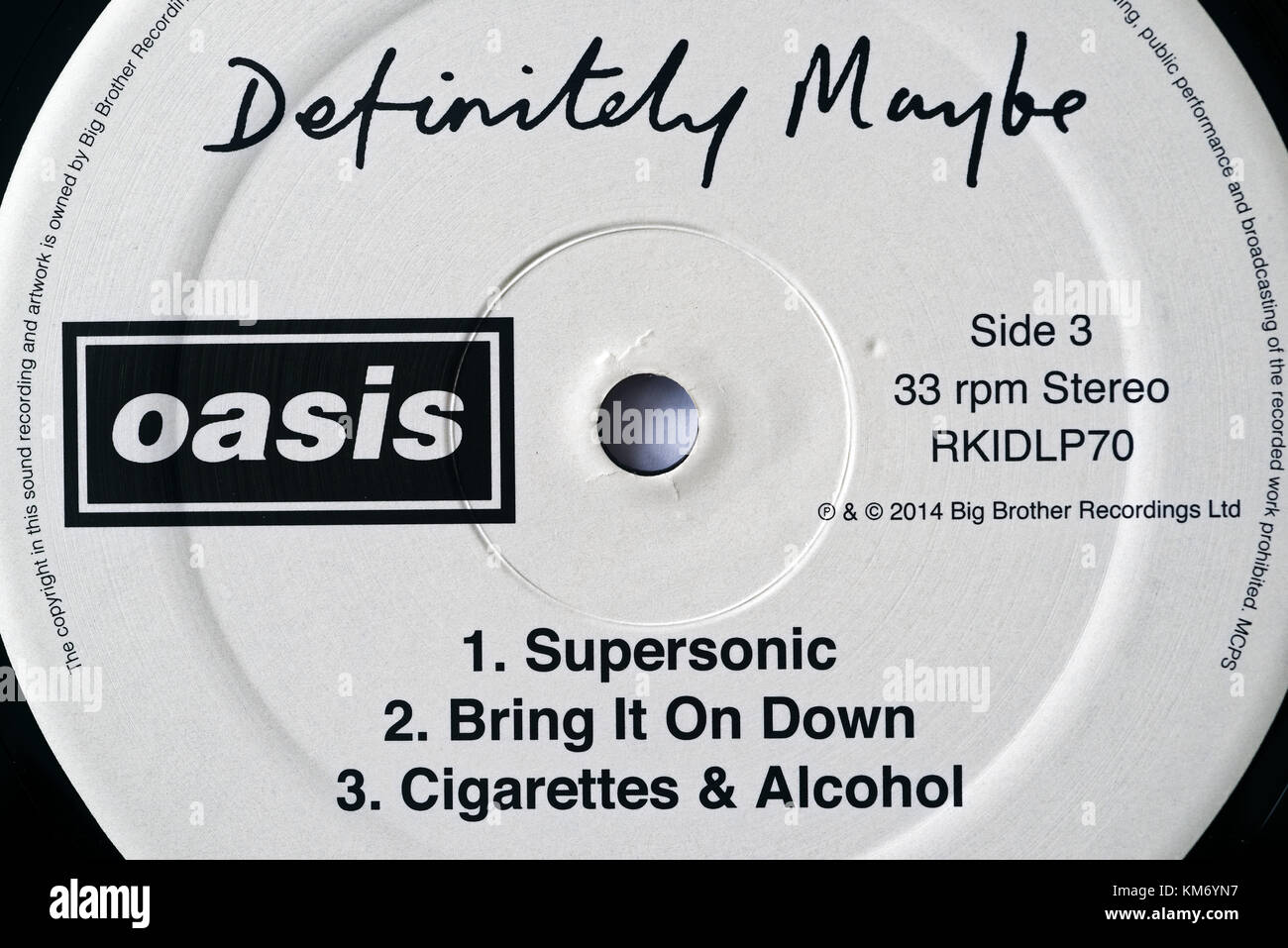Álbum de Oasis Definitely Maybe Detalle de etiqueta Foto de stock