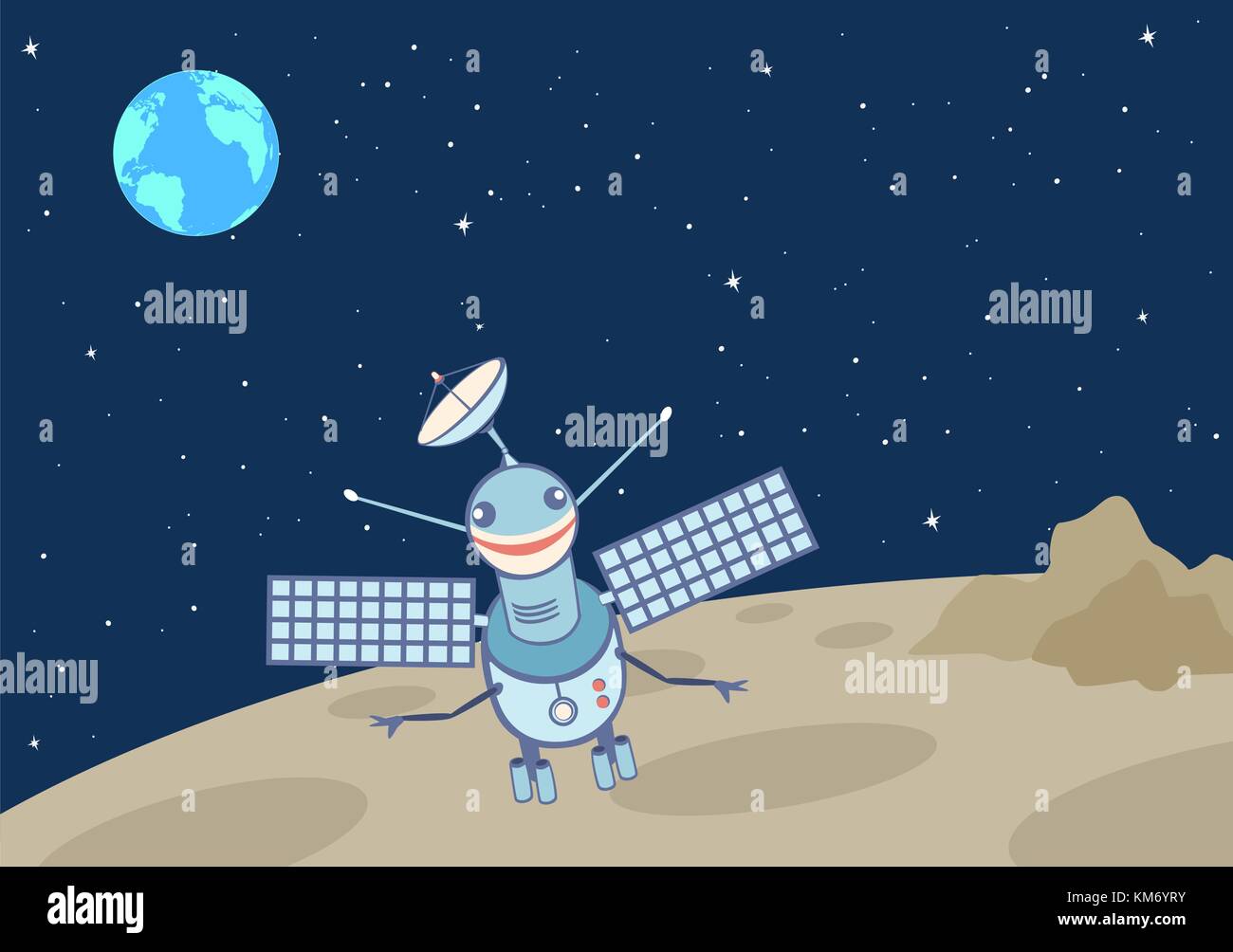 Satélite artificial-droide en la luna. Ilustración del Vector