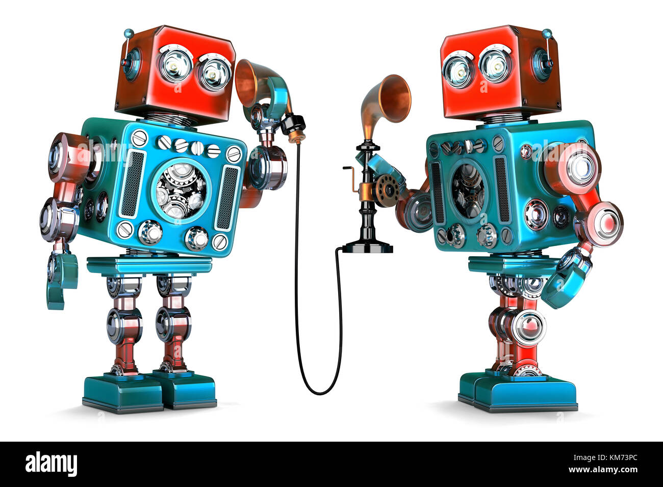 Vintage robots tras una conversación telefónica. Ilustración 3d. aislados.  Contiene trazado de recorte Fotografía de stock - Alamy