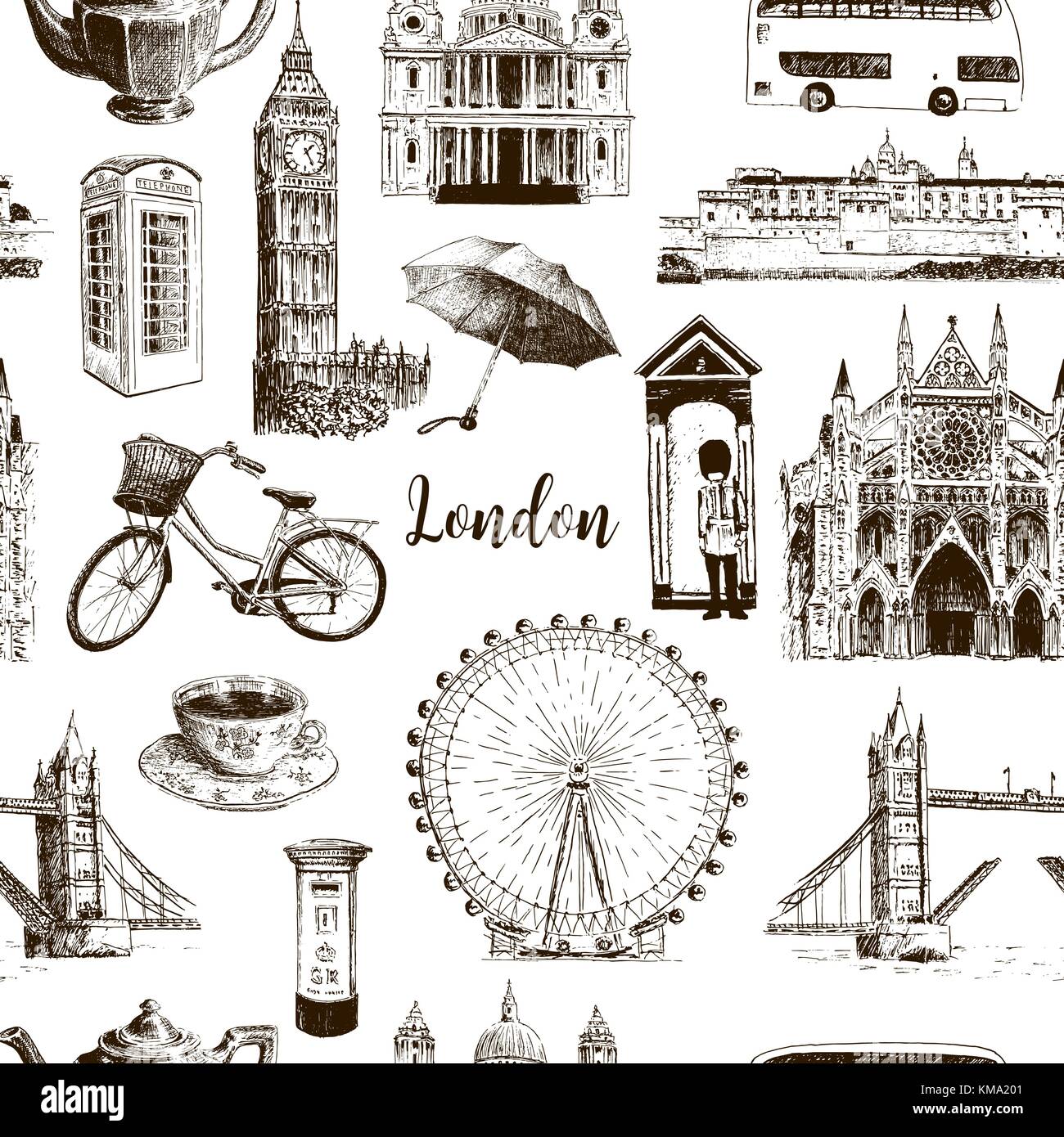 Londres símbolos arquitectónicos dibujados a mano vector patrón sin fisuras de boceto. El Big Ben, el Tower Bridge, el autobús rojo, casilla de correo, llamada de verificación. Catedral de San Pablo Ilustración del Vector