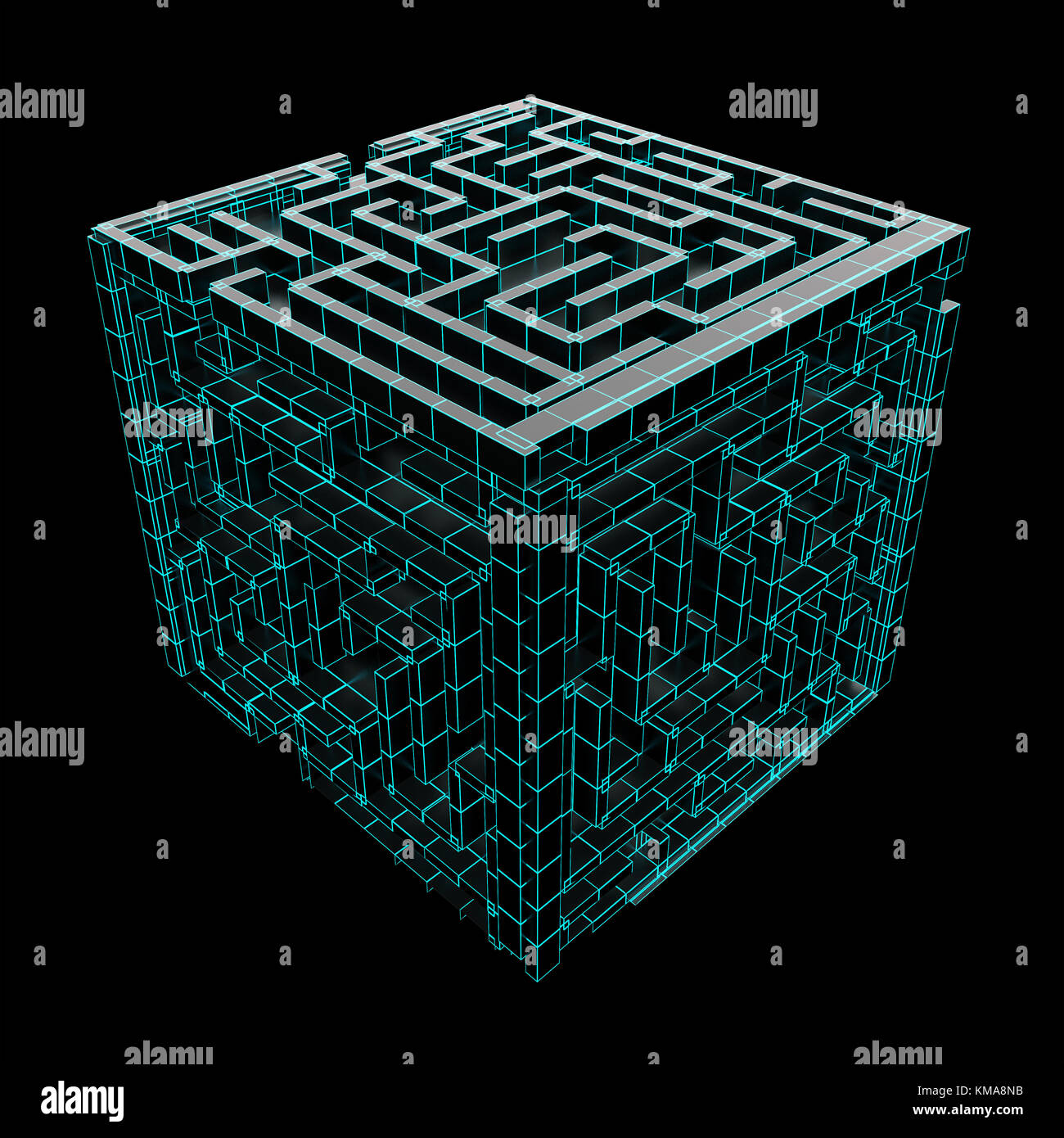 Cube maze aislados en negro. 3D rendering Foto de stock