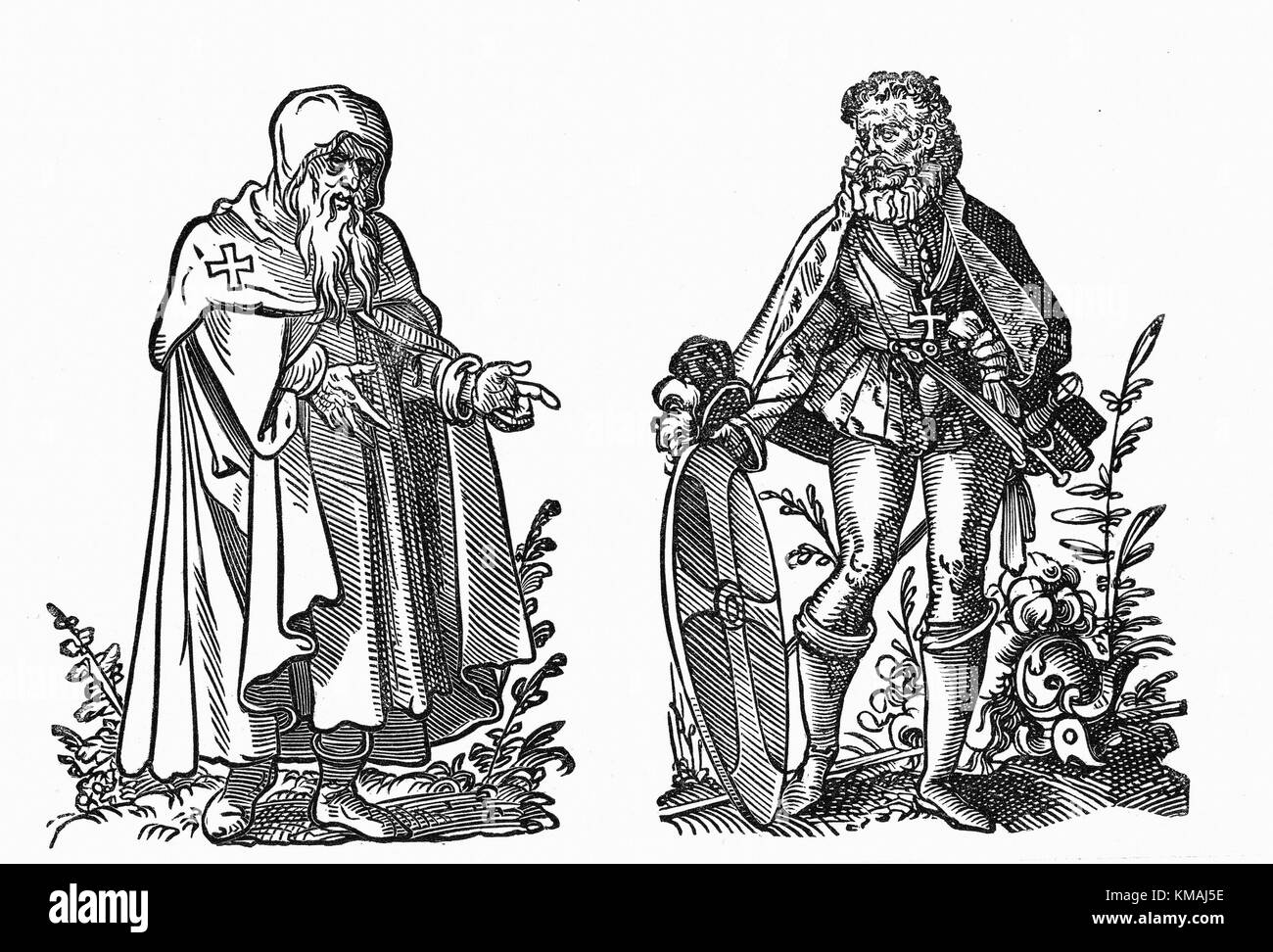 Jost Amman - : Caballero de San Juan de Jerusalén, derecha: Caballero de Rodas. Xilografía del siglo XVI. Foto de stock