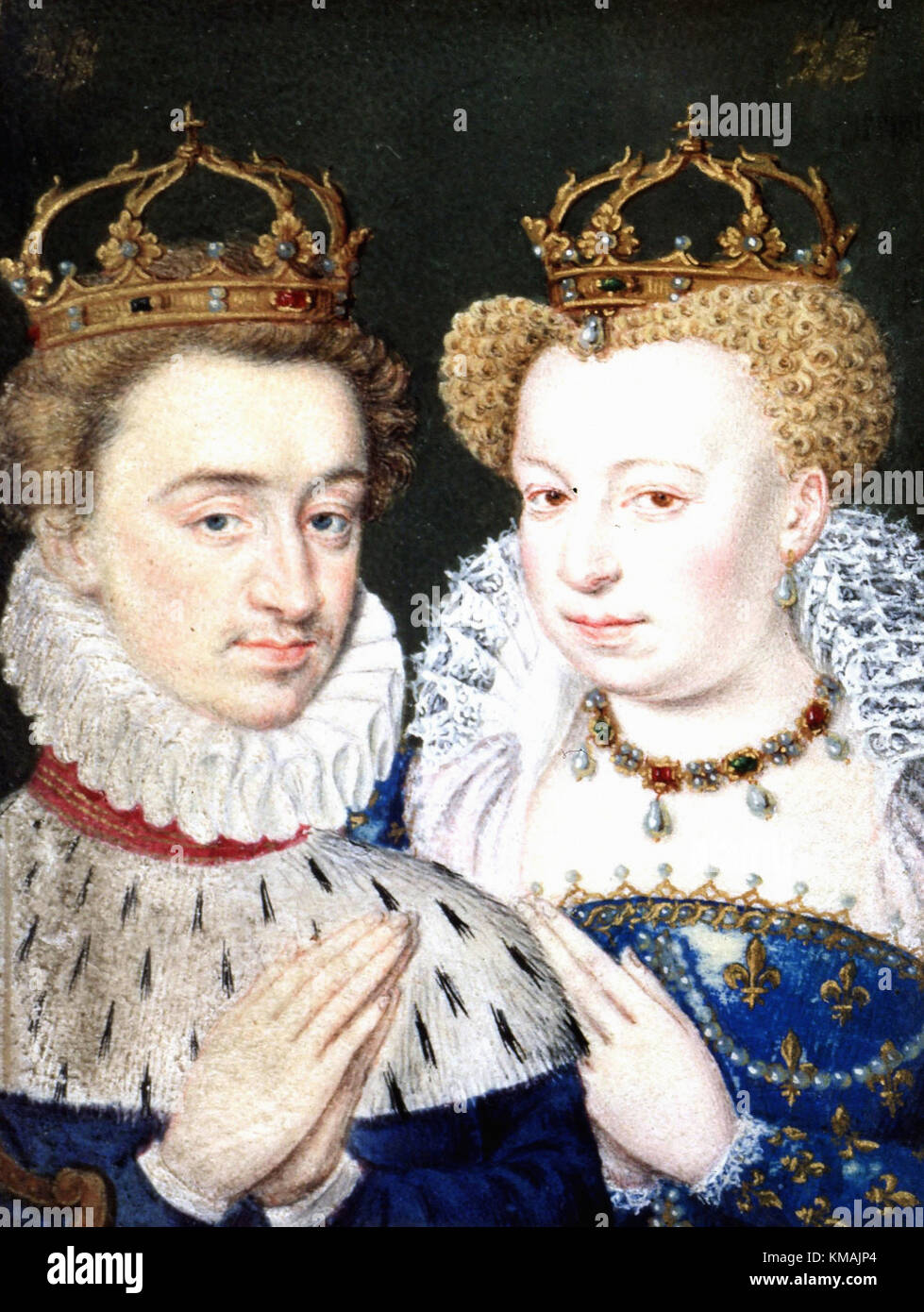 Libro de Horas de Catherine de Medici - Retratos de Henri II de Albret, Rey de Navarra, y de Margarita de Valois , casado en 1527 - siglo XVI Foto de stock