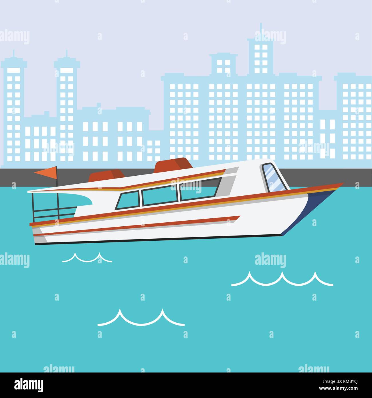 Velocidad moderno barco en río con fondo de edificios ilustración vectorial. Ilustración del Vector
