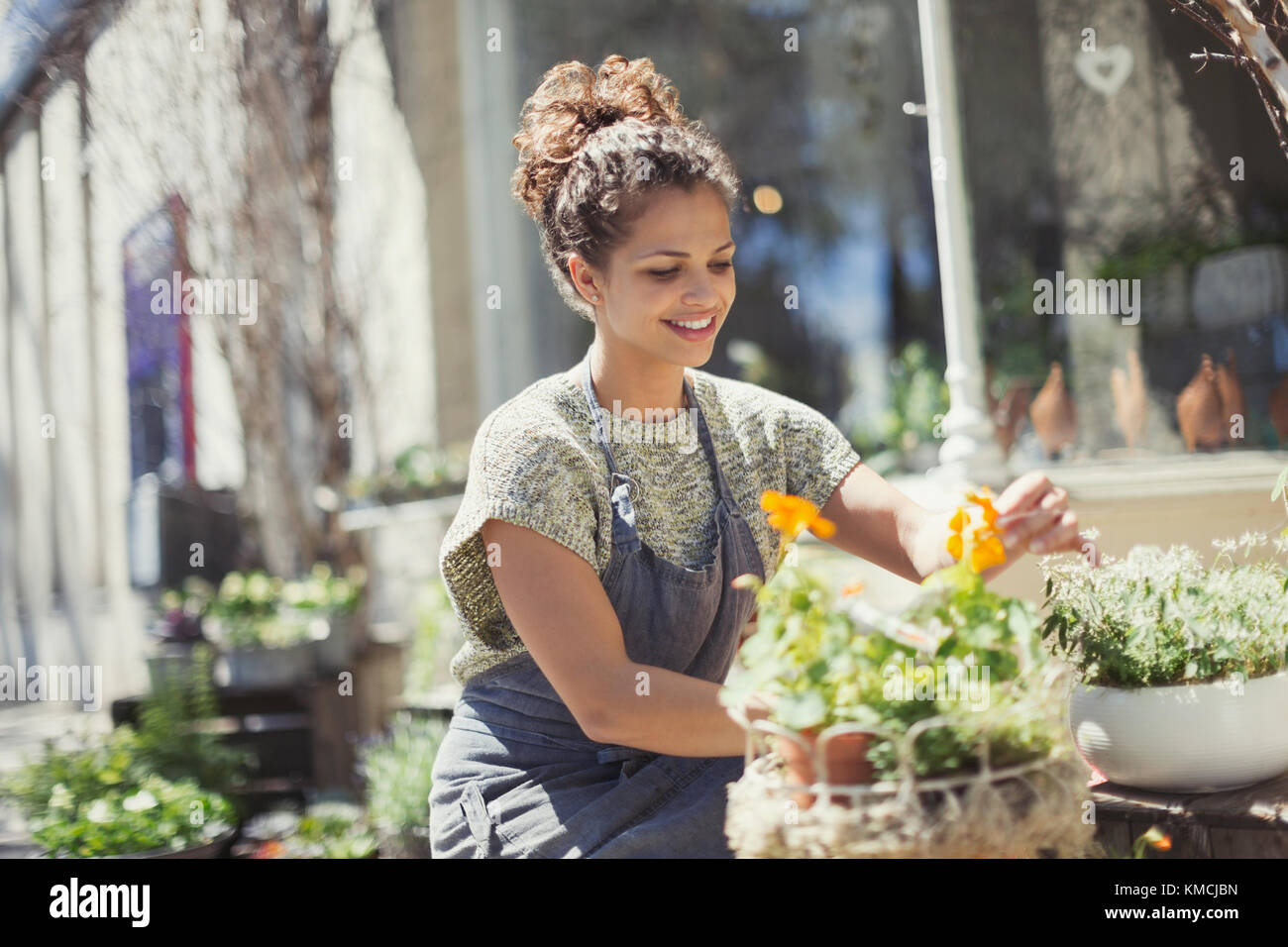 Floristería femenina sonriente arreglando la exhibición en la tienda de flores soleadas Foto de stock