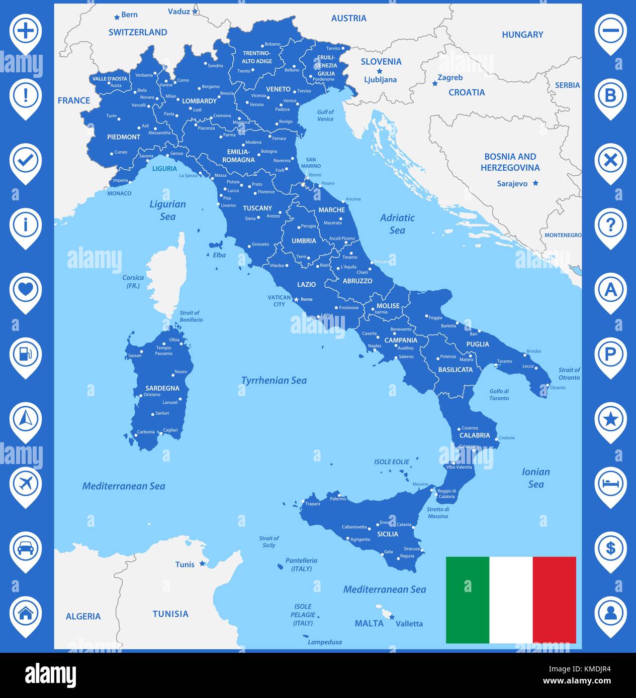 El mapa detallado de la italia con regiones o estados y ciudades, capital.  con objetos del mar y las islas. y partes de países vecinos. El italiano na  Imagen Vector de stock -