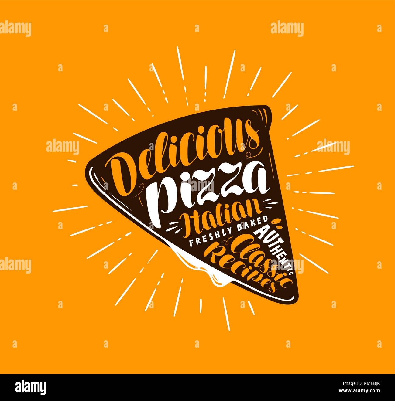 Slice pizza. elemento de menú o restaurante pizzería. Rotulación manuscrita, la caligrafía ilustración vectorial Ilustración del Vector