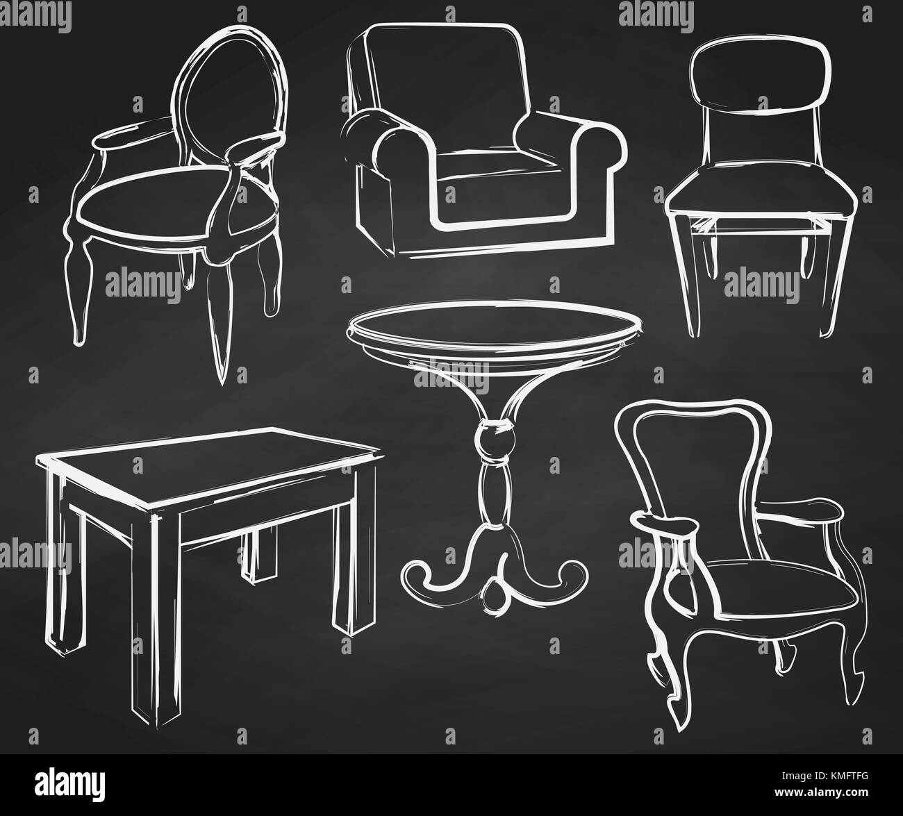 Juego sketch muebles aislados. diferentes mesas y sillas. dibujado en una  pizarra de tiza.ilustración vectorial en un boceto de estilo Imagen Vector  de stock - Alamy