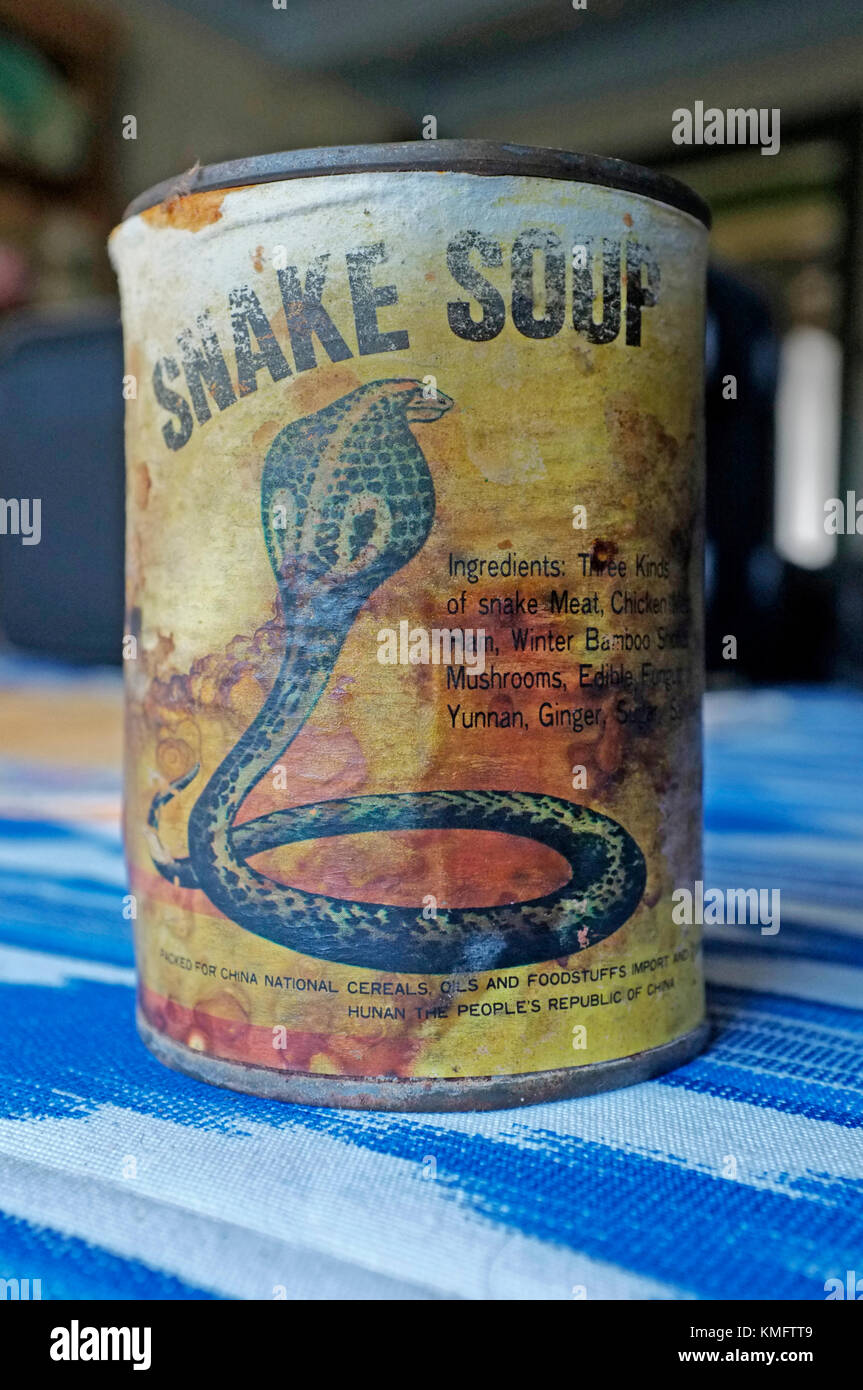 Un 34-año-vieja lata de sopa de serpiente fabricado en China. Foto de stock