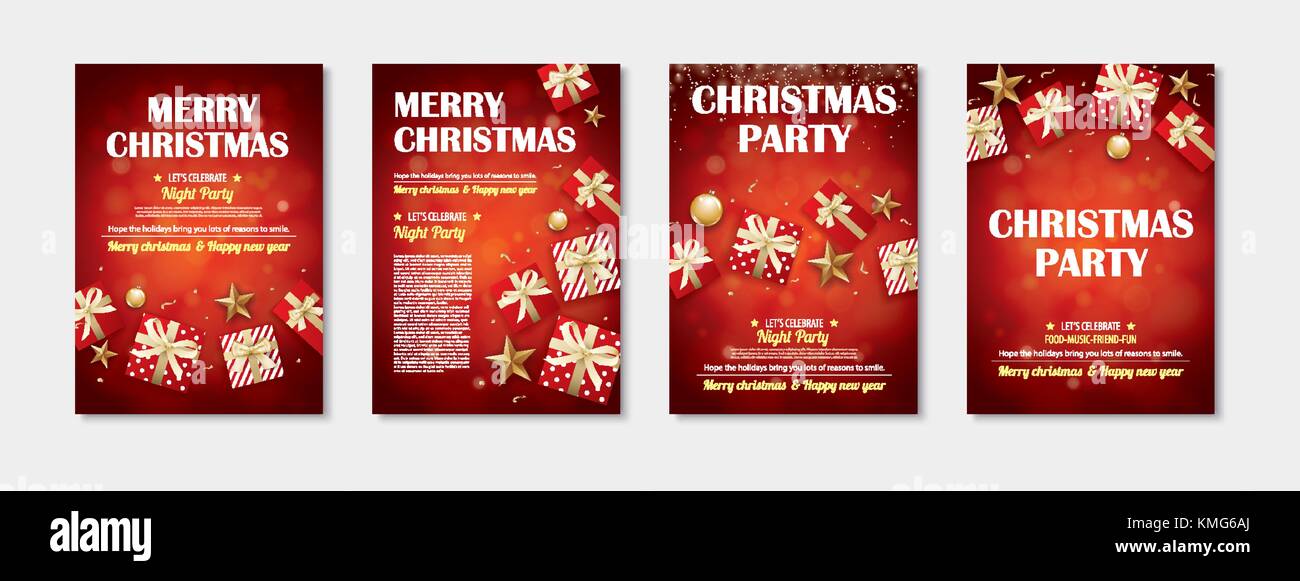 Merry Christmas Party y caja de regalo de diseño de folleto flyer sobre  fondo rojo invitación concepto temático. felices fiestas pancarta de saludo  y plantilla de d tarjeta Imagen Vector de stock -