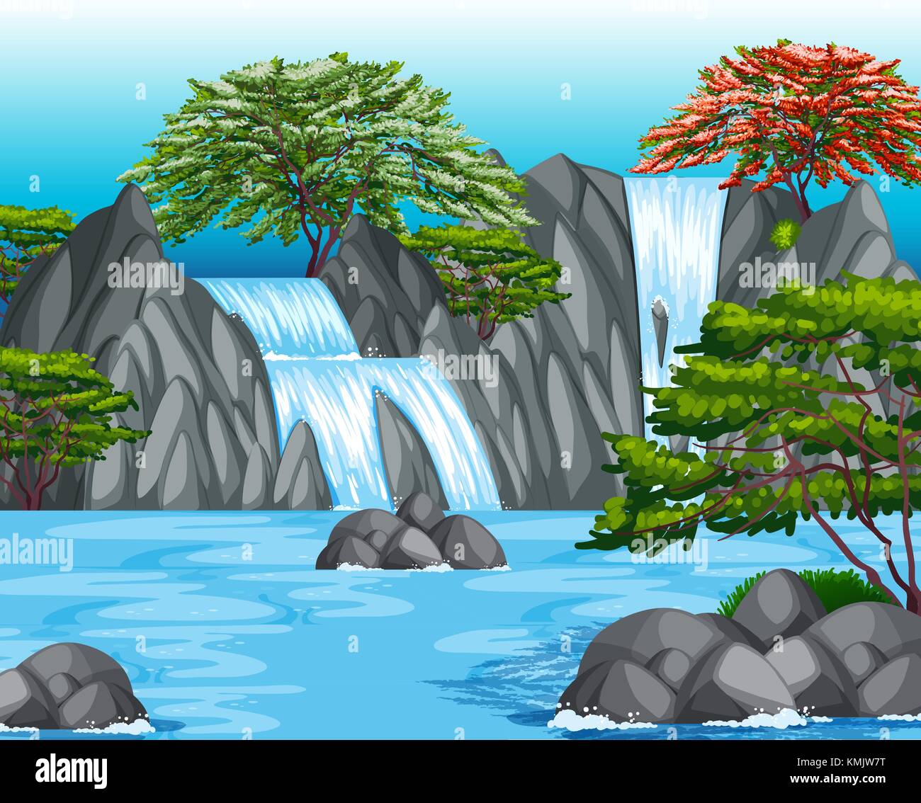 Escena de fondo con cascada y árboles ilustración Imagen Vector de stock -  Alamy