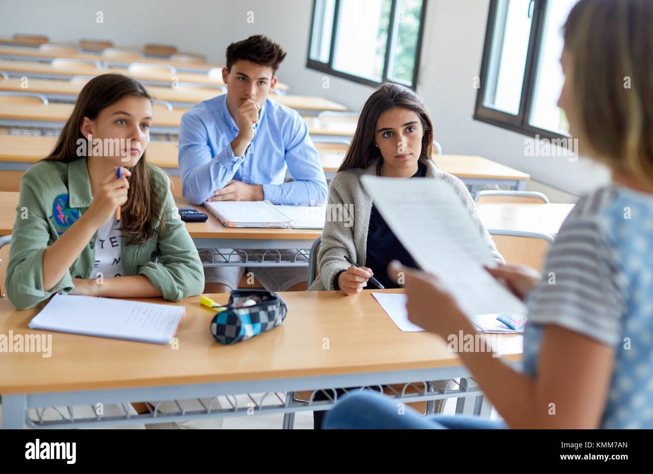 Profesor con los estudiantes. Aula. College. Escuela de Estudios Empresariales. La universidad. Donostia. San Sebastián. Gipuzkoa. Comunidad Autónoma del País Vasco. España Foto de stock