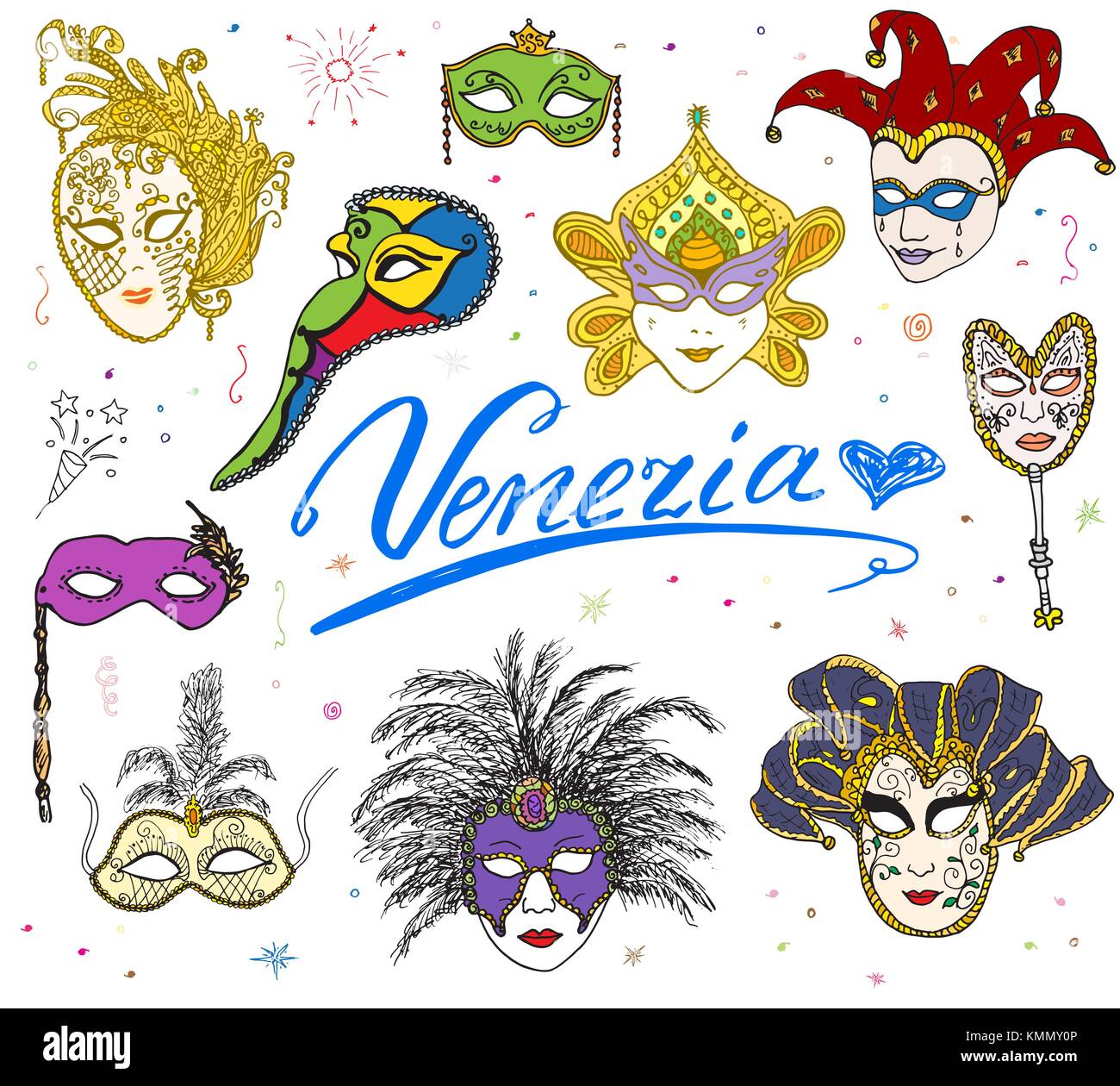 Venecia Italia sketch carnaval máscaras venecianas dibujadas a mano. dibujo  doodle colección aislados Imagen Vector de stock - Alamy