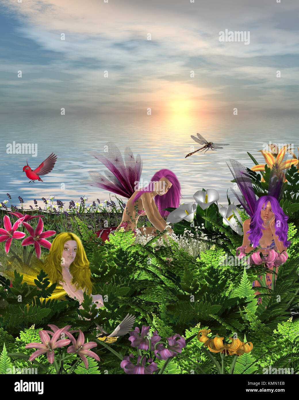 Las hadas sentado y de pie alrededor de las flores en la playa con aves y  libélulas Fotografía de stock - Alamy