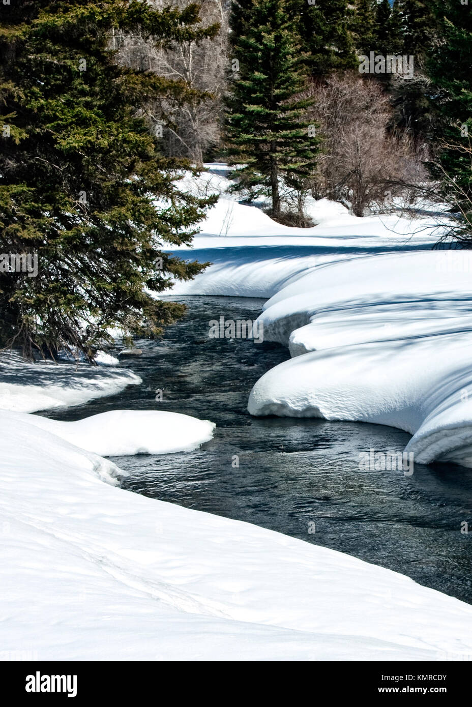 La primavera está llegando a las Montañas Rocosas como arroyos congelados fluir nuevamente Foto de stock