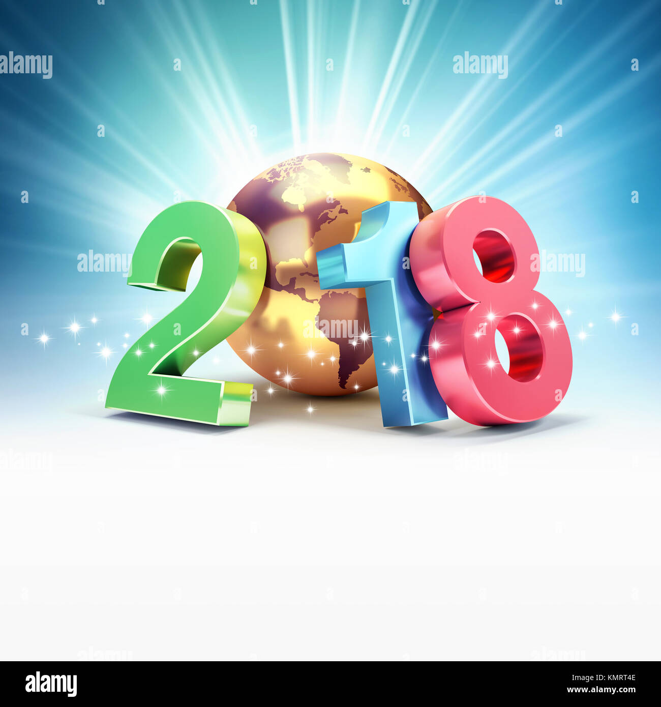Colorido fecha de Año Nuevo 2018, compuesto con un planeta tierra de oro, sobre un fondo azul brillante - Ilustración 3D Foto de stock