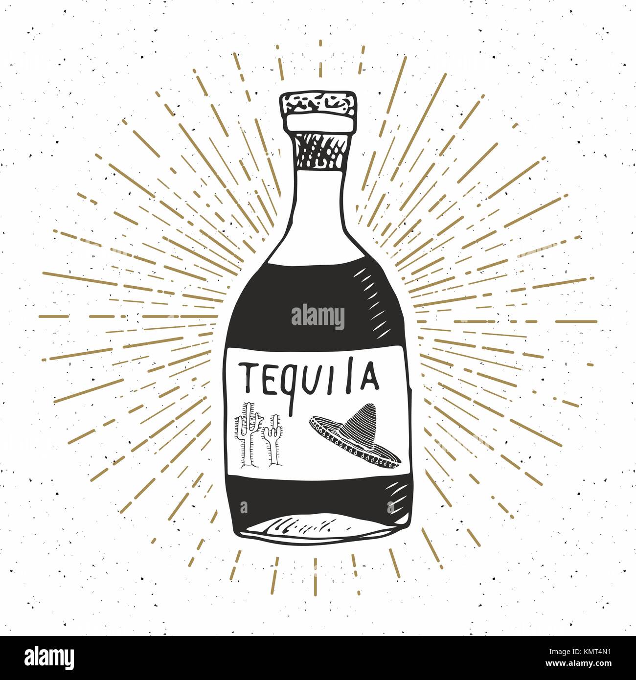 Vintage label, dibujadas a mano una botella de tequila mexicano tradicional beber alcohol boceto, textura grunge retro insignia, emblema de diseño, tipografía t-shirt p Ilustración del Vector
