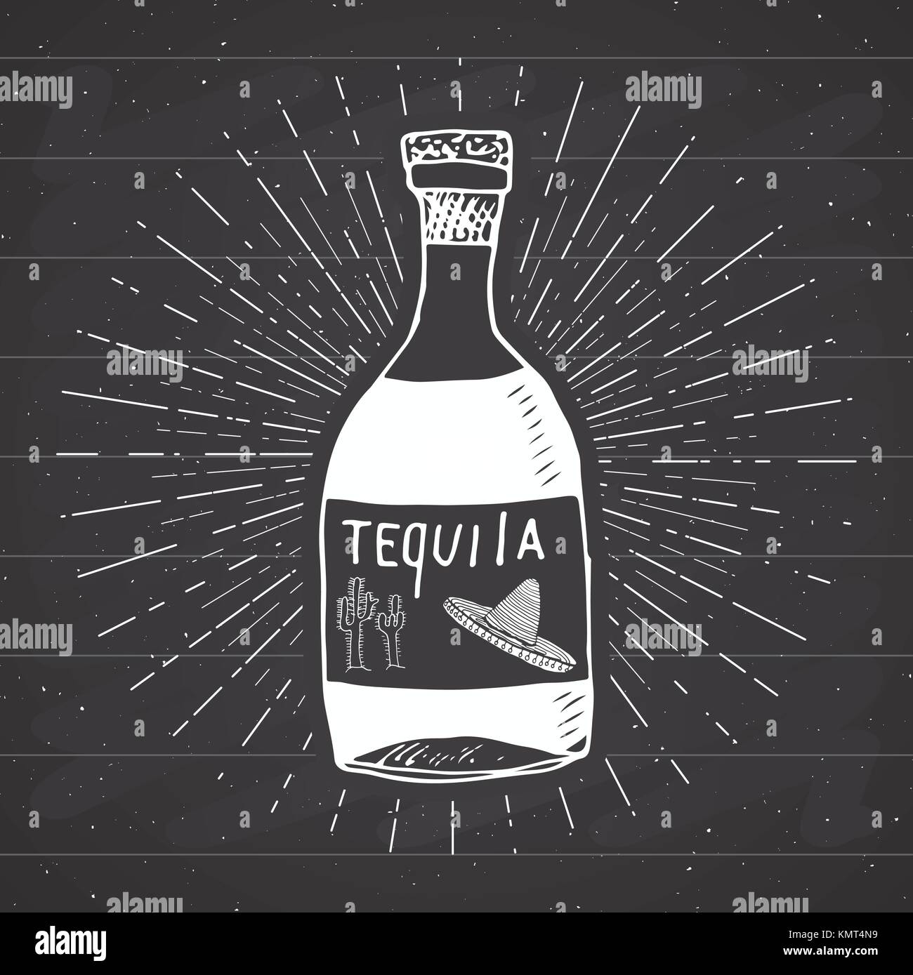 Vintage label, dibujadas a mano una botella de tequila mexicano tradicional beber alcohol boceto, textura grunge retro insignia, emblema de diseño, tipografía t-shirt p Ilustración del Vector