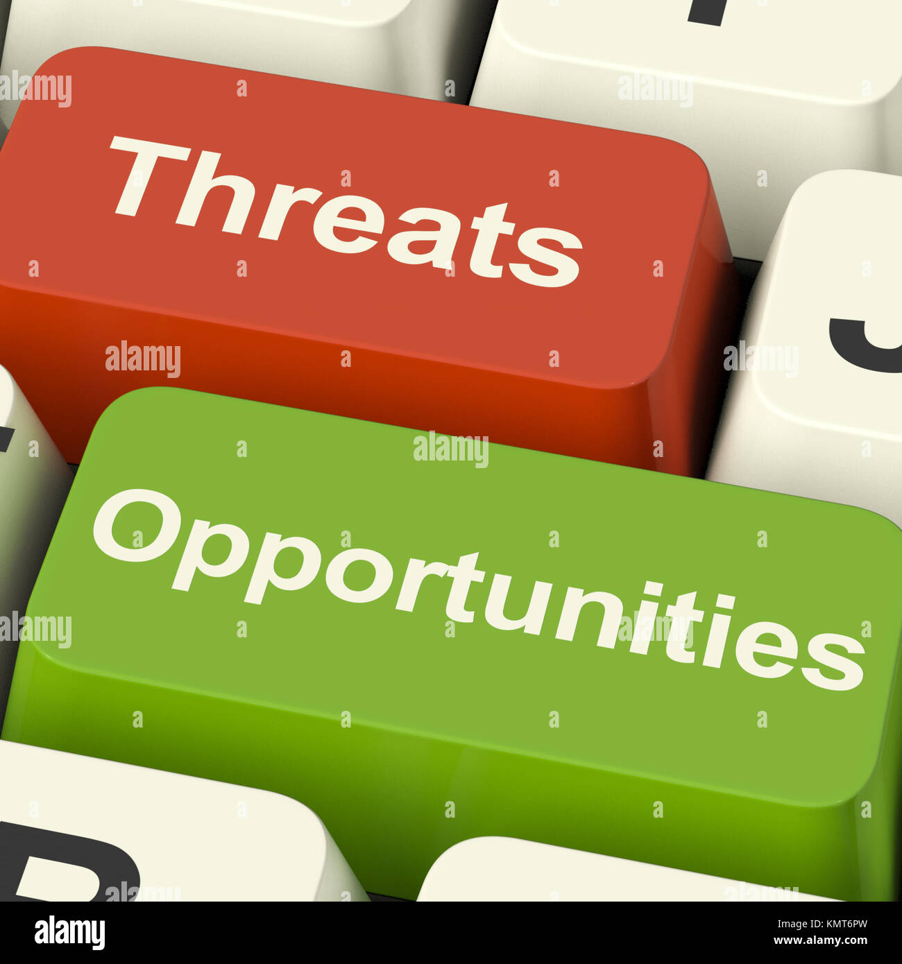 Las amenazas y oportunidades claves del equipo mostrando los riesgos empresariales o mejoras. Foto de stock